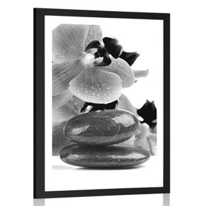 Plakát s paspartou SPA kameny a orchidej v černobílém provedení