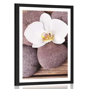 Plakát s paspartou wellness kameny a orchidej na dřevěném pozadí