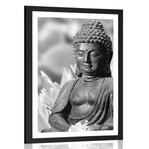 Plakát s paspartou klidný Buddha v černobílém provedení
