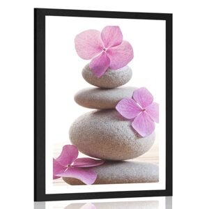 Plakát s paspartou balancí kamenů a růžové orientální květiny