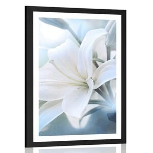 Plakát s paspartou bílý květ lilie na abstraktním pozadí