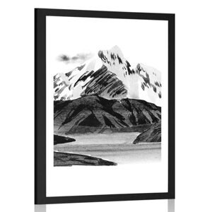 Plakát s paspartou krásná horská krajina v černobílém provedení
