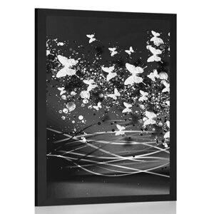 Plakát nádherný jelen s motýly v černobílém provedení