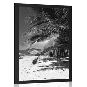Plakát krásy pláže Anse Source v černobílém provedení