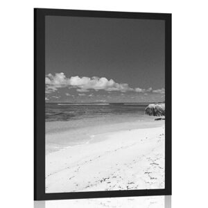 Plakát pláž Anse Source v černobílém provedení