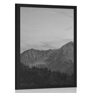 Plakát západ slunce na horách v černobílém provedení