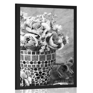 Plakát květiny karafiátu v mozaikovém květináči v černobílém provedení