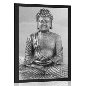 Plakát socha Buddhy v meditující poloze v černobílém provedení