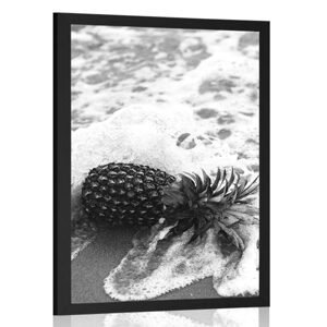 Plakát ananas ve vlně oceánu v černobílém provedení