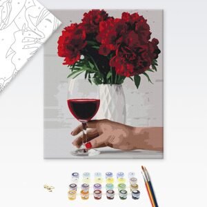 Malování podle čísel květiny pivoněk se sklenkou vína