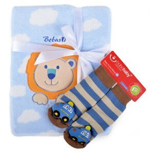 Dětská deka s aplikací LUCKA s dárkem modrá - lvíček B 76x102 cm Bobobaby Dárek - dětské protiskluzové ponožky