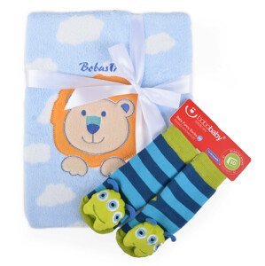Dětská deka s aplikací LUCKA s dárkem modrá - lvíček C 76x102 cm Bobobaby Dárek - dětské protiskluzové ponožky