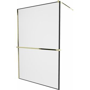 MEXEN/S KIOTO Sprchová zástěna WALK-IN s poličkou a držákem ručníků 80 x 200 cm, transparent/černá 8 mm, zlatá 800-080-121-50-70