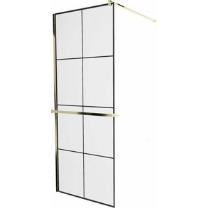 MEXEN/S KIOTO Sprchová zástěna WALK-IN s poličkou a držákem ručníků 80 x 200 cm, transparent/černá 8 mm, zlatá 800-080-121-50-77