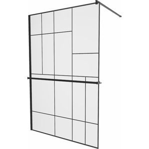 MEXEN/S KIOTO Sprchová zástěna WALK-IN s poličkou a držákem ručníků 90 x 200 cm, transparent/černá 8 mm, černá 800-090-121-70-78