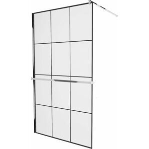 MEXEN/S KIOTO Sprchová zástěna WALK-IN s poličkou a držákem ručníků 110 x 200 cm, transparent/černá 8 mm, chrom 800-110-121-01-77