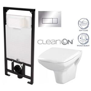 DEANTE Podomítkový rám, pro závěsné WC mísy + SLIM tlačítko chrom + WC CERSANIT CLEANON CARINA + SEDÁTKO CST_WC01 051P CA2