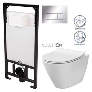 DEANTE Podomítkový rám, pro závěsné WC mísy + SLIM tlačítko chrom + WC CERSANIT CLEANON CITY CST_WC01 051P CI1