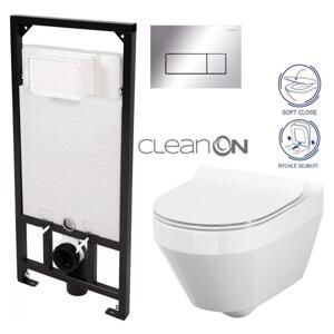 DEANTE Podomítkový rám, pro závěsné WC mísy + SLIM tlačítko chrom + WC CERSANIT CLEANON CREA OVÁL + SEDÁTKO CST_WC01 051P CR1