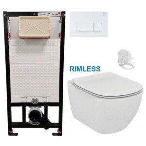 DEANTE Podomítkový rám, pro závěsné WC mísy + SLIM tlačítko bílé + WC Ideal Standard Tesi se sedátkem RIMLESS CST_WC01 A51P TE2