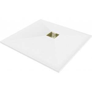 MEXEN/S Stone+ čtvercová sprchová vanička 100 x 100, bílá, mřížka zlatá 44101010-G