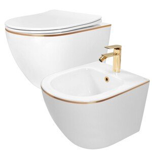 REA Sada: WC mísa CARLO Mini + bidet CARLO Mini bílý se zlatým okrajem KPL-C1222