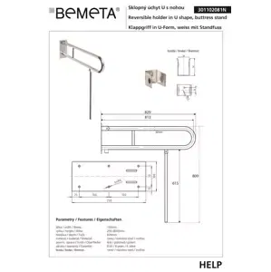 BEMETA HELP sklopné madlo ve tvaru U s opěrnou nohou 813mm bílý 301102084N