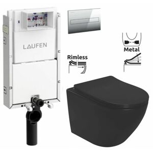 LAUFEN Podomít. systém LIS TW1 SET s chromovým tlačítkem + WC REA CARLO MINI RIMLESS ČIERNY MAT + SEDADLO H8946630000001CR MM1