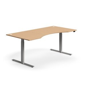 Výškově nastavitelný stůl FLEXUS, vykrojený, 2000x1000 mm, stříbrná podnož, buk