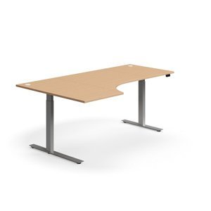 Výškově nastavitelný stůl FLEXUS, rohový, 2000x1200 mm, stříbrná podnož, buk