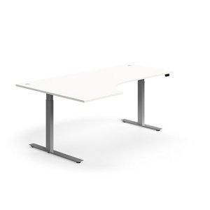 Výškově nastavitelný stůl FLEXUS, rohový, 2000x1200 mm, stříbrná podnož, bílá