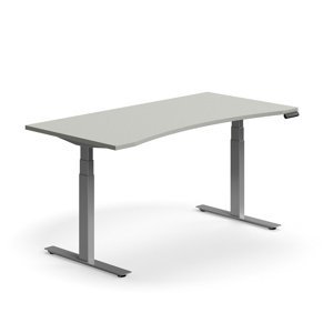 Výškově nastavitelný stůl QBUS, vykrojený, 1600x800 mm, stříbrná podnož, světle šedá