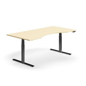 Výškově nastavitelný stůl QBUS, vykrojený, 2000x1000 mm, černá podnož, bříza
