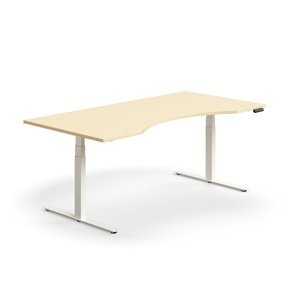 Výškově nastavitelný stůl QBUS, vykrojený, 2000x1000 mm, bílá podnož, bříza