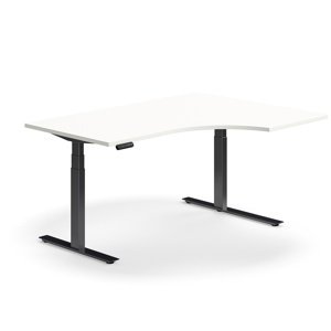 Výškově nastavitelný stůl QBUS, rohový, 1600x1200 mm, černá podnož, bílá