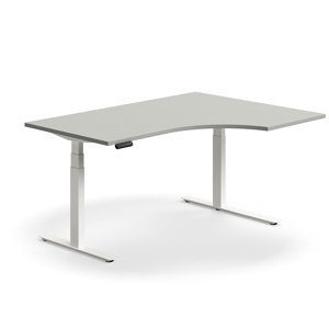 Výškově nastavitelný stůl QBUS, rohový, 1600x1200 mm, bílá podnož, světle šedá