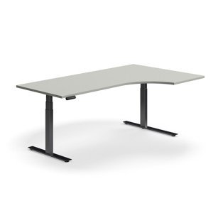 Výškově nastavitelný stůl QBUS, rohový, 2000x1200 mm, černá podnož, světle šedá