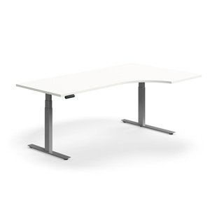 Výškově nastavitelný stůl QBUS, rohový, 2000x1200 mm, stříbrná podnož, bílá