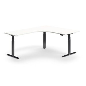 Výškově nastavitelný stůl QBUS, rohový, 1600x2000 mm, černá podnož, bílá