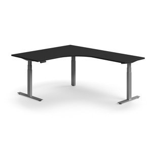 Výškově nastavitelný stůl QBUS, rohový, 1600x2000 mm, stříbrná podnož, černá