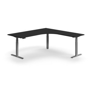 Výškově nastavitelný stůl QBUS, rohový, 2000x2000 mm, stříbrná podnož, černá