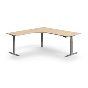 Výškově nastavitelný stůl QBUS, rohový, 2000x2000 mm, stříbrná podnož, dub