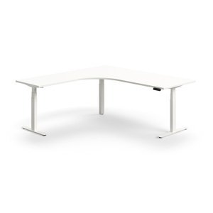 Výškově nastavitelný stůl QBUS, rohový, 2000x2000 mm, bílá podnož, bílá