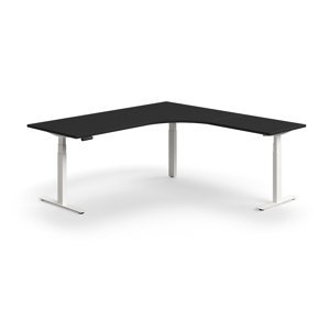 Výškově nastavitelný stůl QBUS, rohový, 2000x2000 mm, bílá podnož, černá
