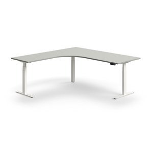 Výškově nastavitelný stůl QBUS, rohový, 2000x2000 mm, bílá podnož, světle šedá