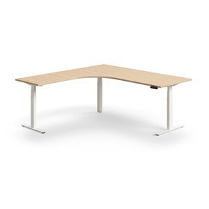 Výškově nastavitelný stůl QBUS, rohový, 2000x2000 mm, bílá podnož, dub