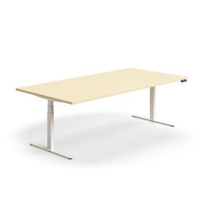 Jednací stůl QBUS, výškově nastavitelný, obdélníkový, 2400x1200 mm, bílá podnož, bříza
