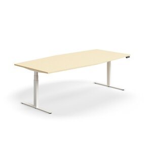 Jednací stůl QBUS, výškově nastavitelný, ve tvaru sudu, 2400x1200 mm, bílá podnož, bříza