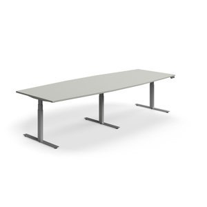 Jednací stůl QBUS, výškově nastavitelný, ve tvaru sudu, 3200x1200 mm, stříbrná podnož, světle šedá