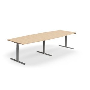 Jednací stůl QBUS, výškově nastavitelný, ve tvaru sudu, 3200x1200 mm, stříbrná podnož, dub